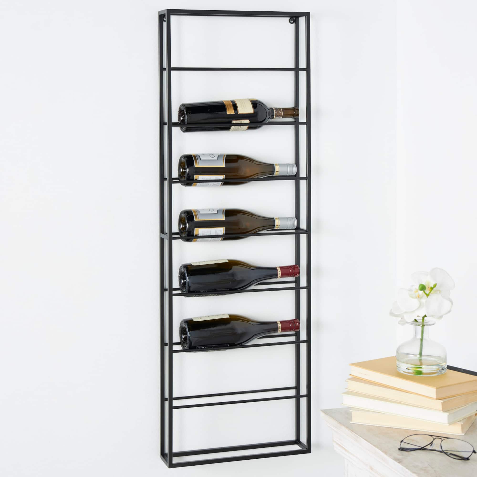 Black Metal Minimalistic 8 Bottle Wall Wine Rack with Open Style Frame